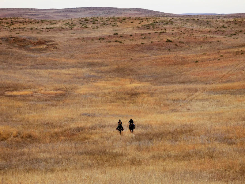 Ranch hand Mike Goodman, left, and ranch manager Frank Thompson ride through the prairie grass on a ranch located north of Keystone, Nebraska. The ranch is owned by a Wyoming-based ranching operation run by Jeff Burnett, which recently paid $20 million for nearly 28,000 acres of ground on the Sandhills’ southern edge. A Flatwater Free Press analysis of five years of land sales shows that four of the top five buyers of land by acre are headquartered outside Nebraska. Photo by Ryan Soderlin for the Flatwater 